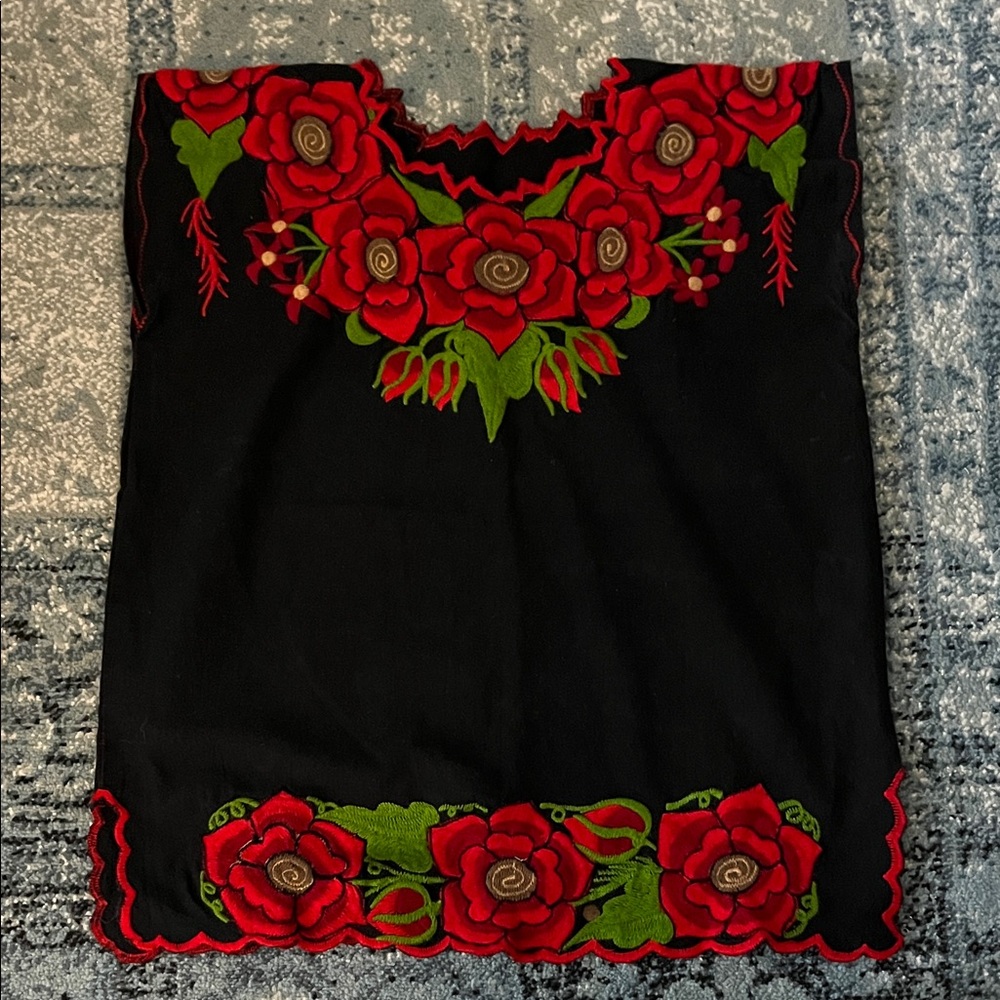MEXICANA Black Blouse with Red Floral Embroidery